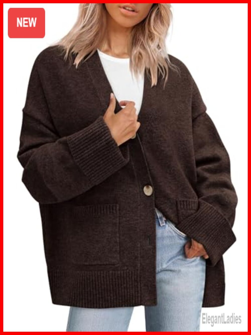Oversized Chunky Knit Cardigan Sweater Button Down V-Neck Pockets